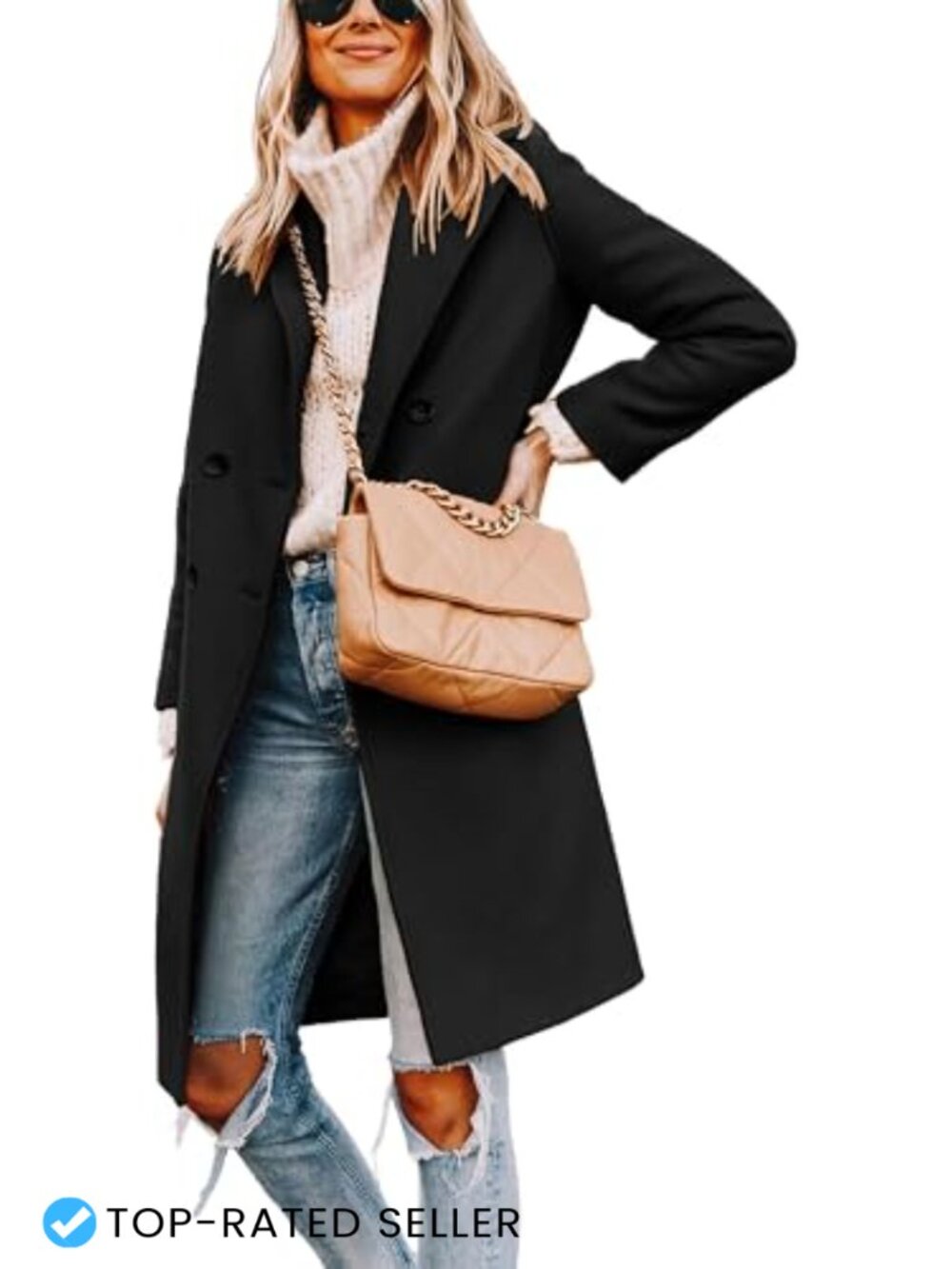 Women's Winter Pea Coat Notch Lapel Double Breasted Wool Blend Trench Coat